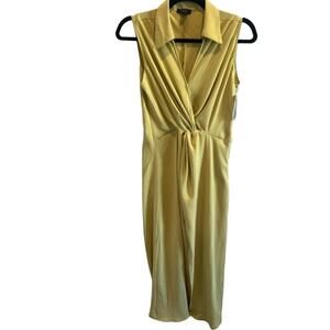 NEW HALOGEN XS Twist Front Sleeveless Faux Wrap Dress In Lemon Green Size XS